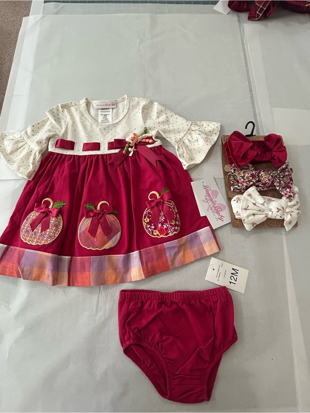NWT Bonnie Baby Fall Pumpkin Dress & Bloomers Set + Baby Essentials Bows 12M